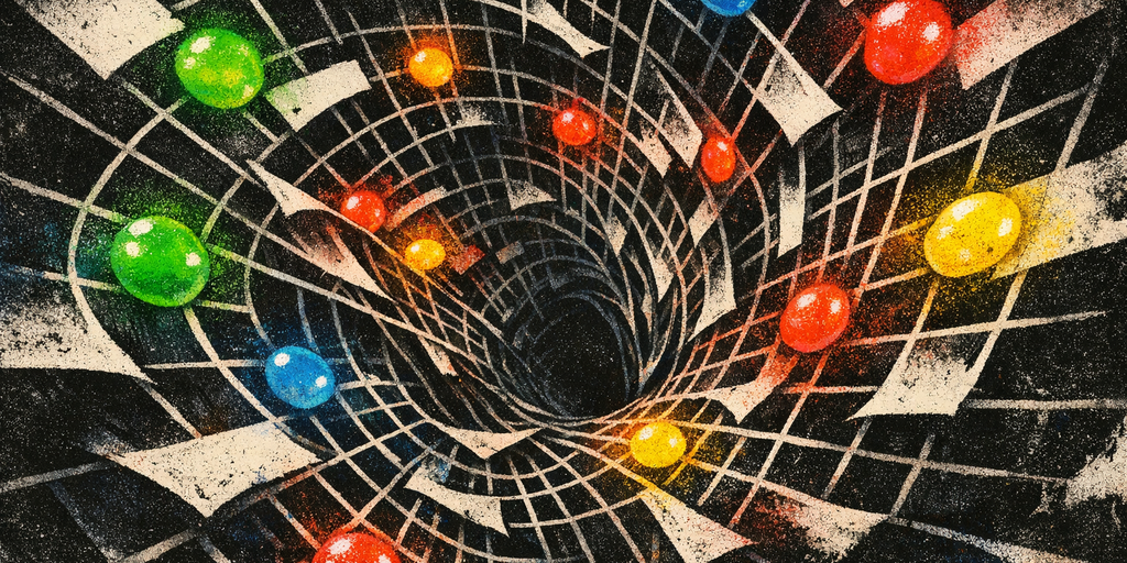 Poster illustration for MNM Lang showing candy code on the left and a terminal-style branching tree on the right